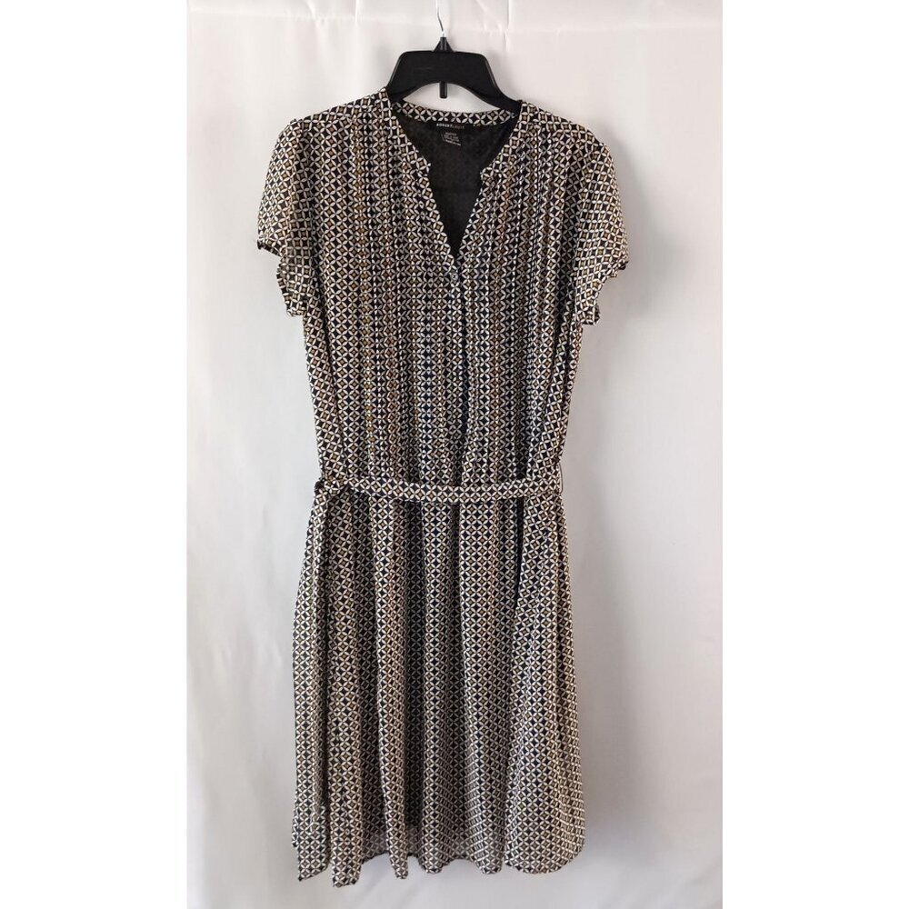 Robert Louis Shift Dress Black White Yellow Check Short Sleeve L Fully Lined